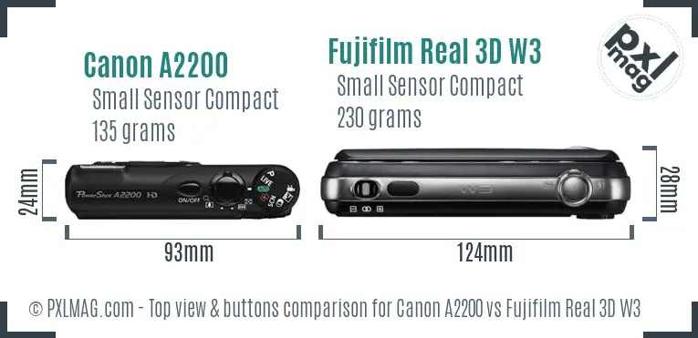 Canon A2200 vs Fujifilm Real 3D W3 top view buttons comparison Canon A2200 vs Fujifilm Real 3D W3 top view buttons comparison