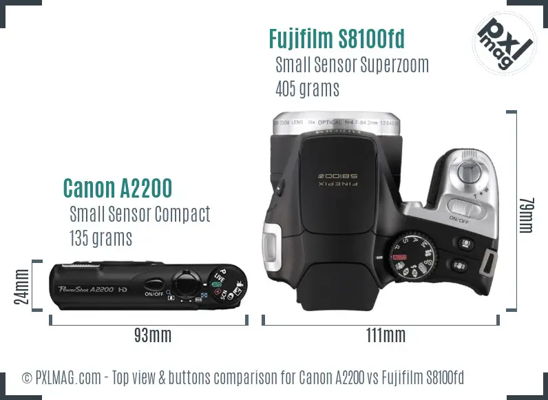 Canon A2200 vs Fujifilm S8100fd top view buttons comparison Canon A2200 vs Fujifilm S8100fd top view buttons comparison