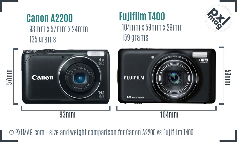 Canon A2200 vs Fujifilm T400 size comparison