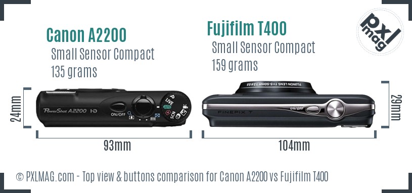 Canon A2200 vs Fujifilm T400 top view buttons comparison
