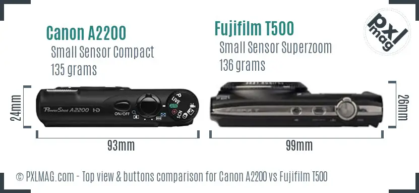 Canon A2200 vs Fujifilm T500 top view buttons comparison