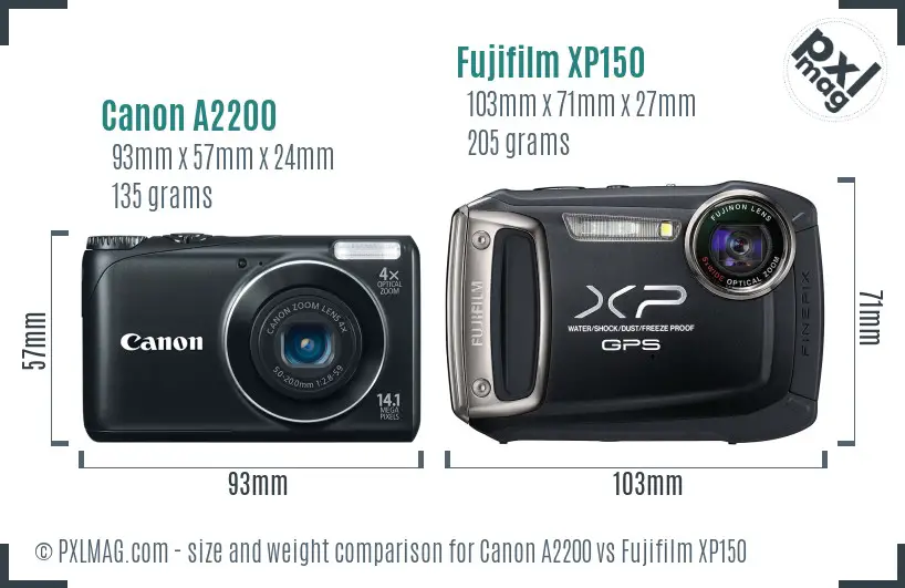 Canon A2200 vs Fujifilm XP150 size comparison