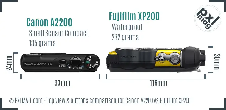 Canon A2200 vs Fujifilm XP200 top view buttons comparison
