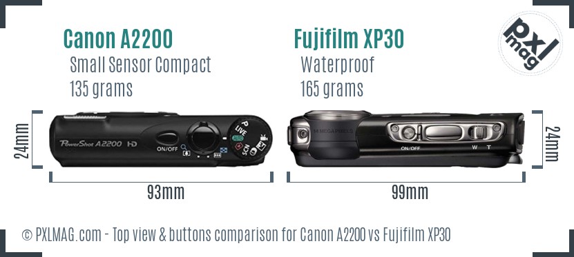 Canon A2200 vs Fujifilm XP30 top view buttons comparison
