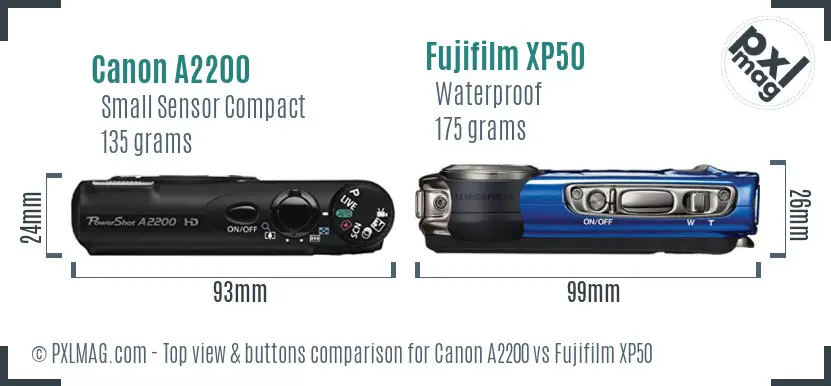 Canon A2200 vs Fujifilm XP50 top view buttons comparison