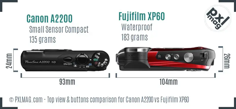 Canon A2200 vs Fujifilm XP60 top view buttons comparison Canon A2200 vs Fujifilm XP60 top view buttons comparison