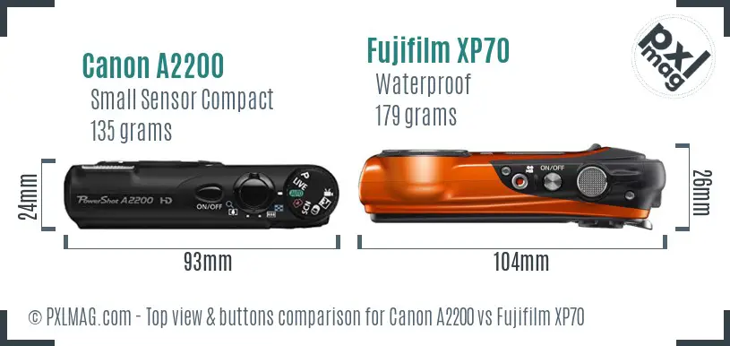 Canon A2200 vs Fujifilm XP70 top view buttons comparison Canon A2200 vs Fujifilm XP70 top view buttons comparison