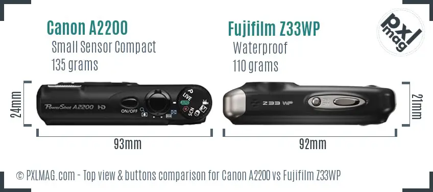 Canon A2200 vs Fujifilm Z33WP top view buttons comparison Canon A2200 vs Fujifilm Z33WP top view buttons comparison