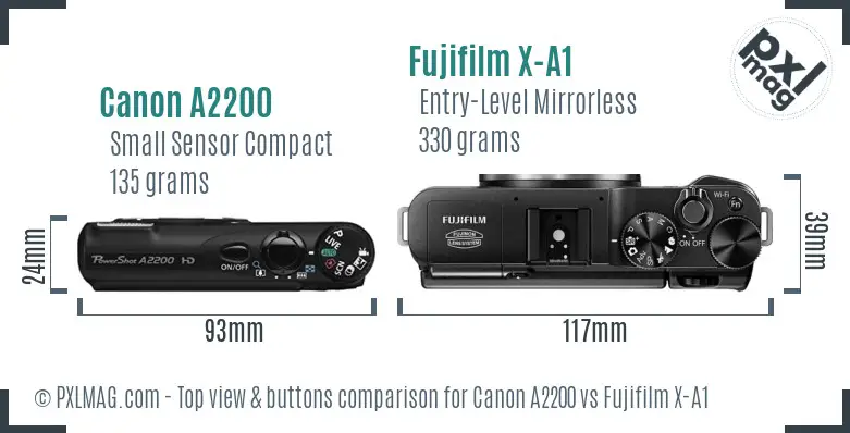 Canon A2200 vs Fujifilm X-A1 top view buttons comparison