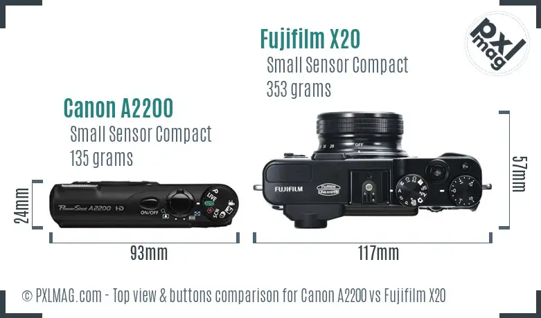 Canon A2200 vs Fujifilm X20 top view buttons comparison