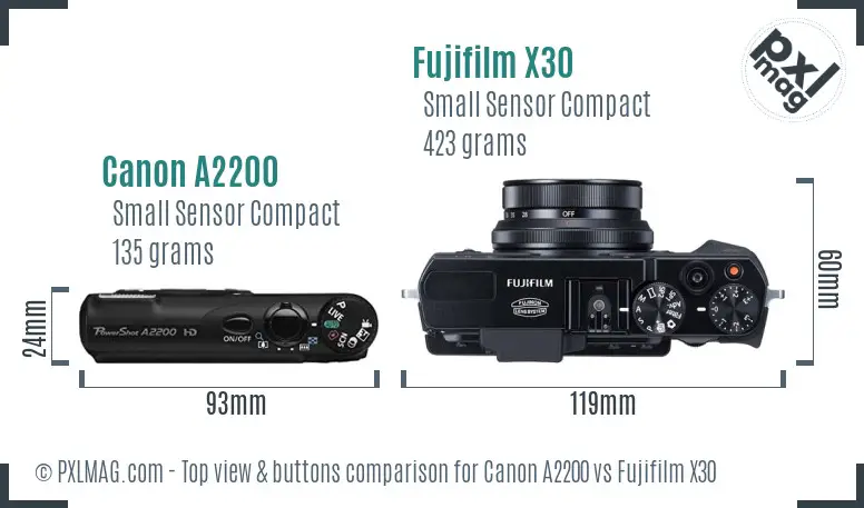 Canon A2200 vs Fujifilm X30 top view buttons comparison