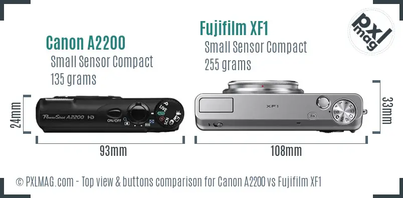 Canon A2200 vs Fujifilm XF1 top view buttons comparison