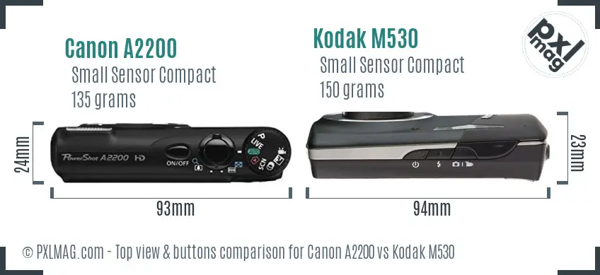 Canon A2200 vs Kodak M530 top view buttons comparison