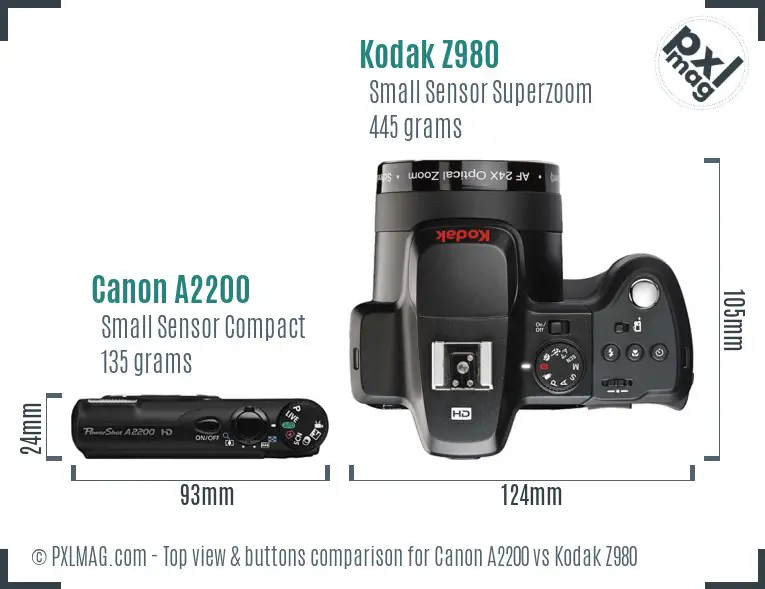 Canon A2200 vs Kodak Z980 top view buttons comparison