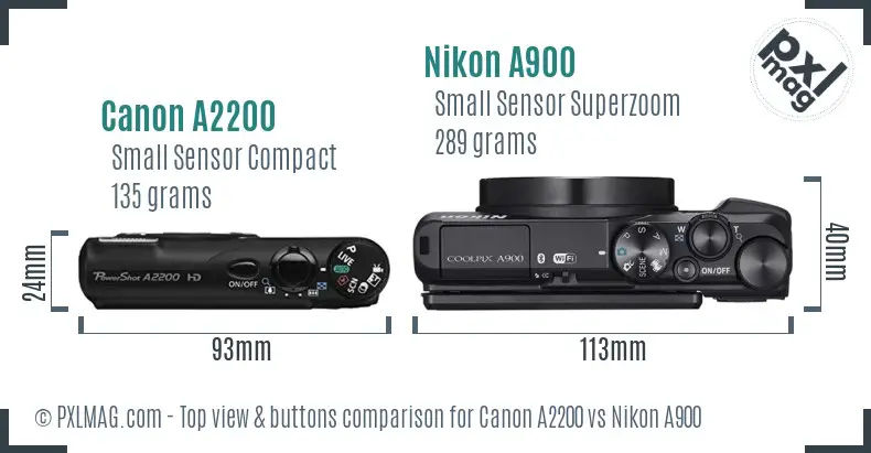 Canon A2200 vs Nikon A900 top view buttons comparison