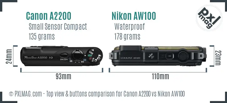 Canon A2200 vs Nikon AW100 top view buttons comparison Canon A2200 vs Nikon AW100 top view buttons comparison