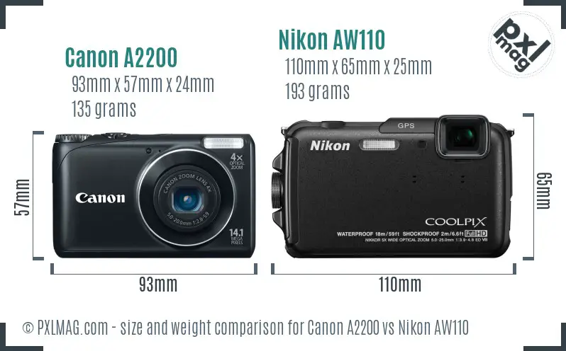 Canon A2200 vs Nikon AW110 size comparison