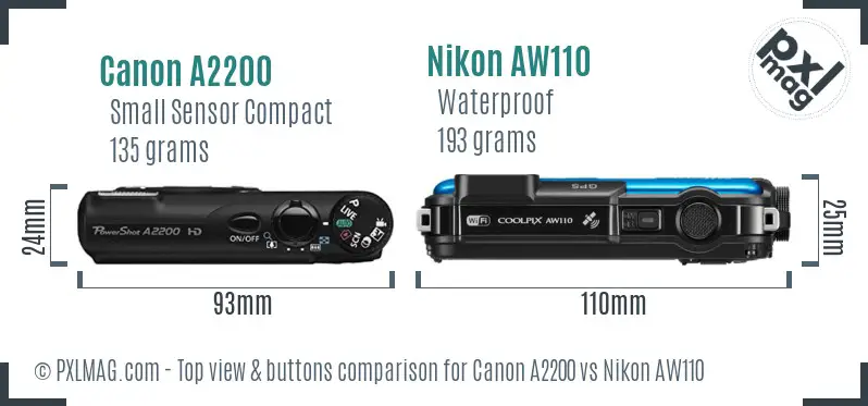 Canon A2200 vs Nikon AW110 top view buttons comparison