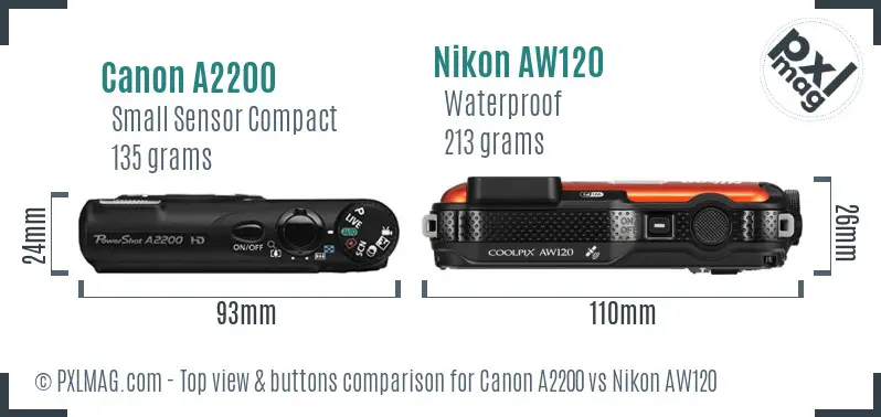 Canon A2200 vs Nikon AW120 top view buttons comparison Canon A2200 vs Nikon AW120 top view buttons comparison