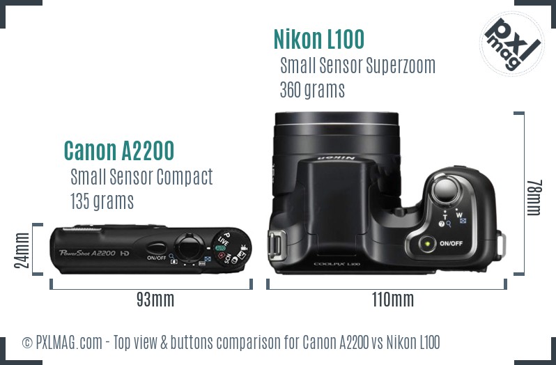 Canon A2200 vs Nikon L100 top view buttons comparison