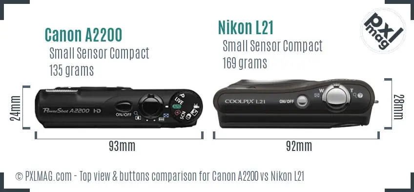 Canon A2200 vs Nikon L21 top view buttons comparison