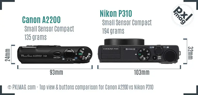 Canon A2200 vs Nikon P310 top view buttons comparison Canon A2200 vs Nikon P310 top view buttons comparison