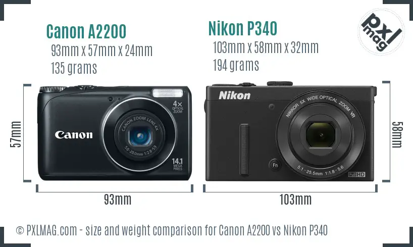 Canon A2200 vs Nikon P340 size comparison