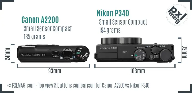 Canon A2200 vs Nikon P340 top view buttons comparison