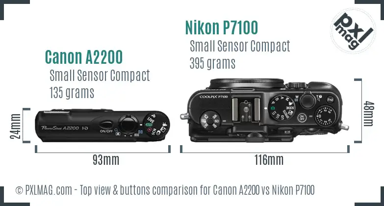 Canon A2200 vs Nikon P7100 top view buttons comparison