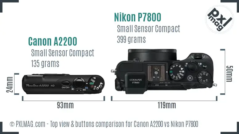 Canon A2200 vs Nikon P7800 top view buttons comparison