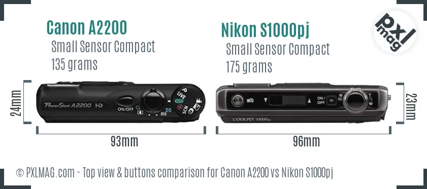 Canon A2200 vs Nikon S1000pj top view buttons comparison