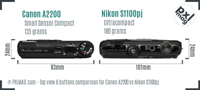 Canon A2200 vs Nikon S1100pj top view buttons comparison