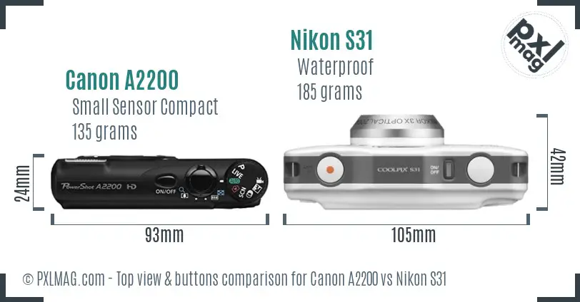 Canon A2200 vs Nikon S31 top view buttons comparison