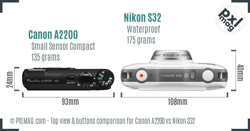 Canon A2200 vs Nikon S32 top view buttons comparison