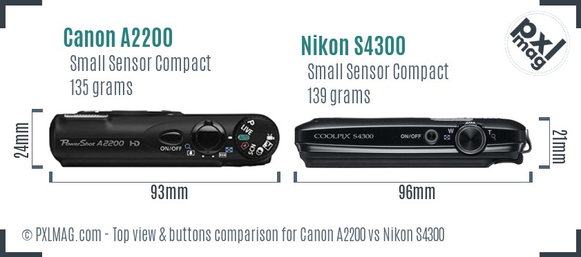 Canon A2200 vs Nikon S4300 top view buttons comparison
