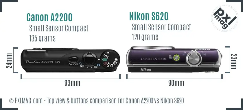 Canon A2200 vs Nikon S620 top view buttons comparison