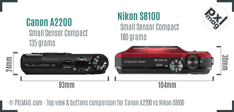 Canon A2200 vs Nikon S8100 top view buttons comparison