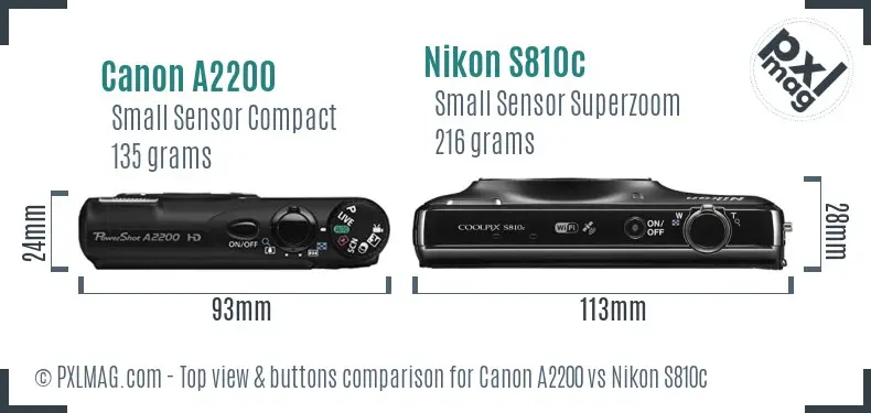 Canon A2200 vs Nikon S810c top view buttons comparison