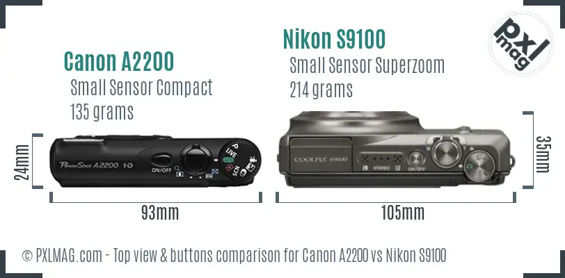 Canon A2200 vs Nikon S9100 top view buttons comparison