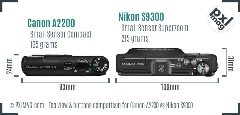 Canon A2200 vs Nikon S9300 top view buttons comparison