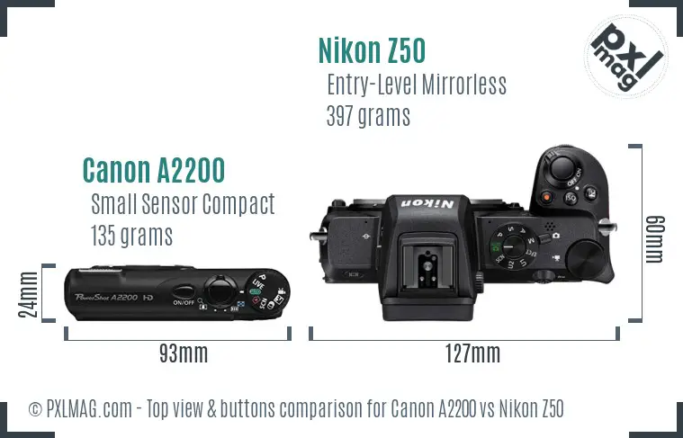 Canon A2200 vs Nikon Z50 top view buttons comparison