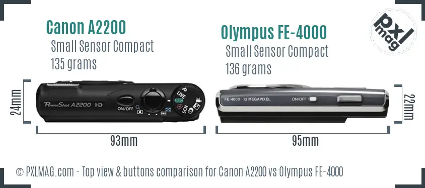 Canon A2200 vs Olympus FE-4000 top view buttons comparison