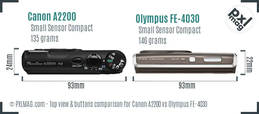 Canon A2200 vs Olympus FE-4030 top view buttons comparison