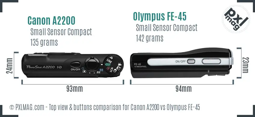 Canon A2200 vs Olympus FE-45 top view buttons comparison