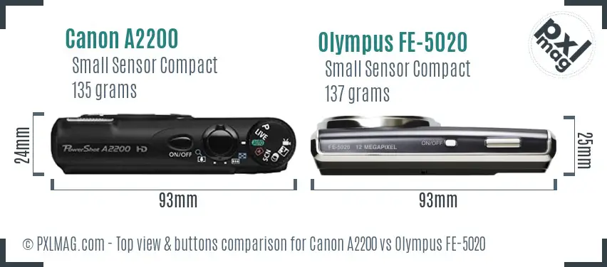 Canon A2200 vs Olympus FE-5020 top view buttons comparison