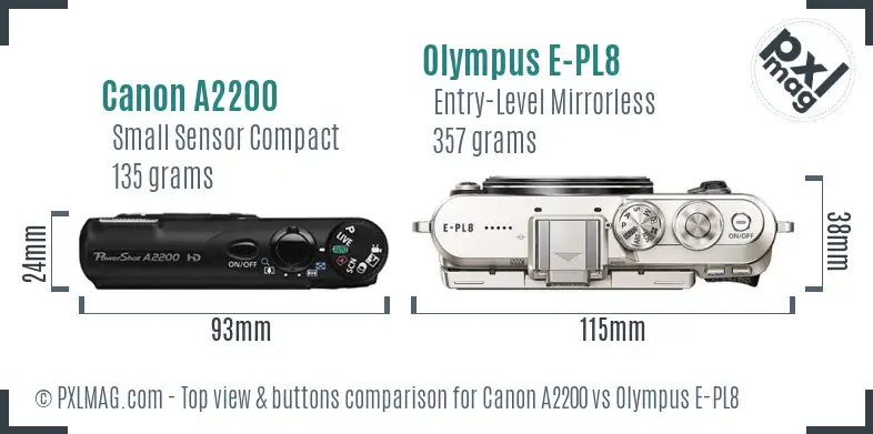 Canon A2200 vs Olympus E-PL8 top view buttons comparison