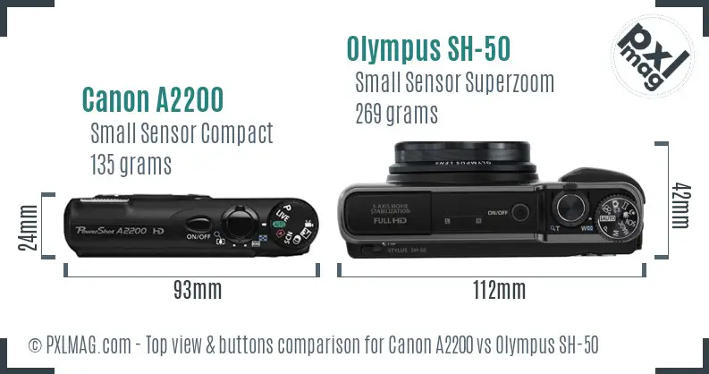 Canon A2200 vs Olympus SH-50 top view buttons comparison