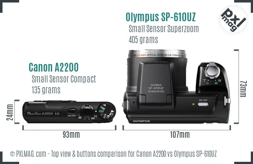 Canon A2200 vs Olympus SP-610UZ top view buttons comparison