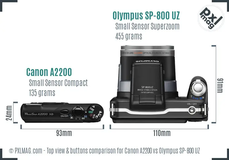 Canon A2200 vs Olympus SP-800 UZ top view buttons comparison