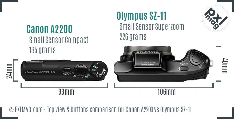 Canon A2200 vs Olympus SZ-11 top view buttons comparison
